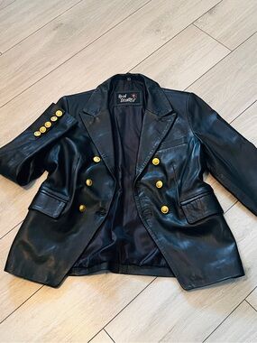 Women's Black Leather Double-Breasted Blazer with Gold Buttons Lg